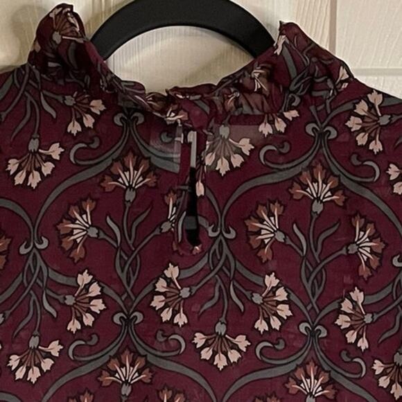 Lane Bryant Sheer Blouse Ruffle Neck Smocked Bodice Floral Burgundy Sz 20 - Picture 5 of 11